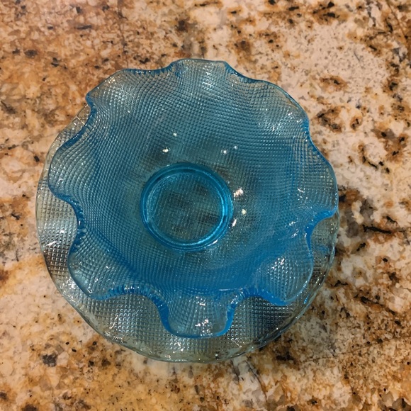 Vintage Italian Colony Glass Ruffled Edge Waffle Bowl & Plate Set Aqua Blue - Picture 3 of 12